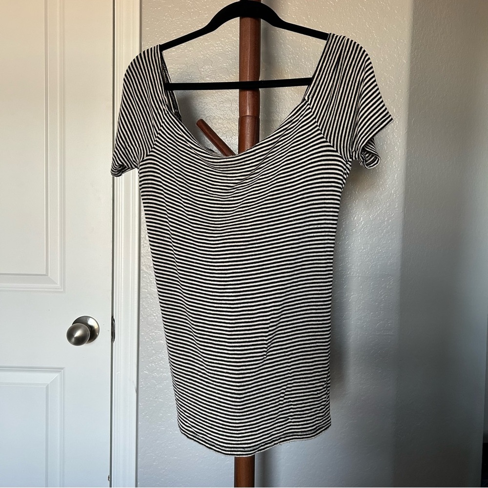 W Black & White Free People Striped Off Shoulder Lace Top Size L |A22 - Picture 7 of 9